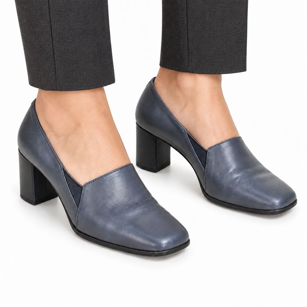 Bandolino Womens 7.5M Blue Leather Square Toe Block Heel Slip On Pumps